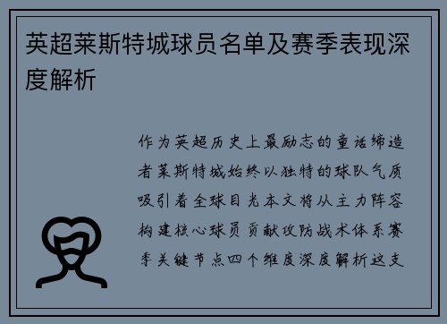 英超莱斯特城球员名单及赛季表现深度解析